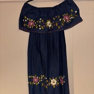Floral Embroidered Off-Shoulder Denim Dress